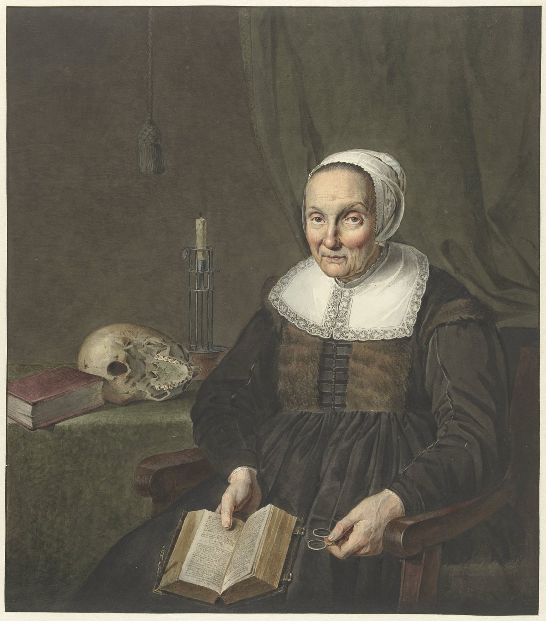 Porträtt av en sittande gammal kvinna med en öppen bok av Johannes Pieter de Frey