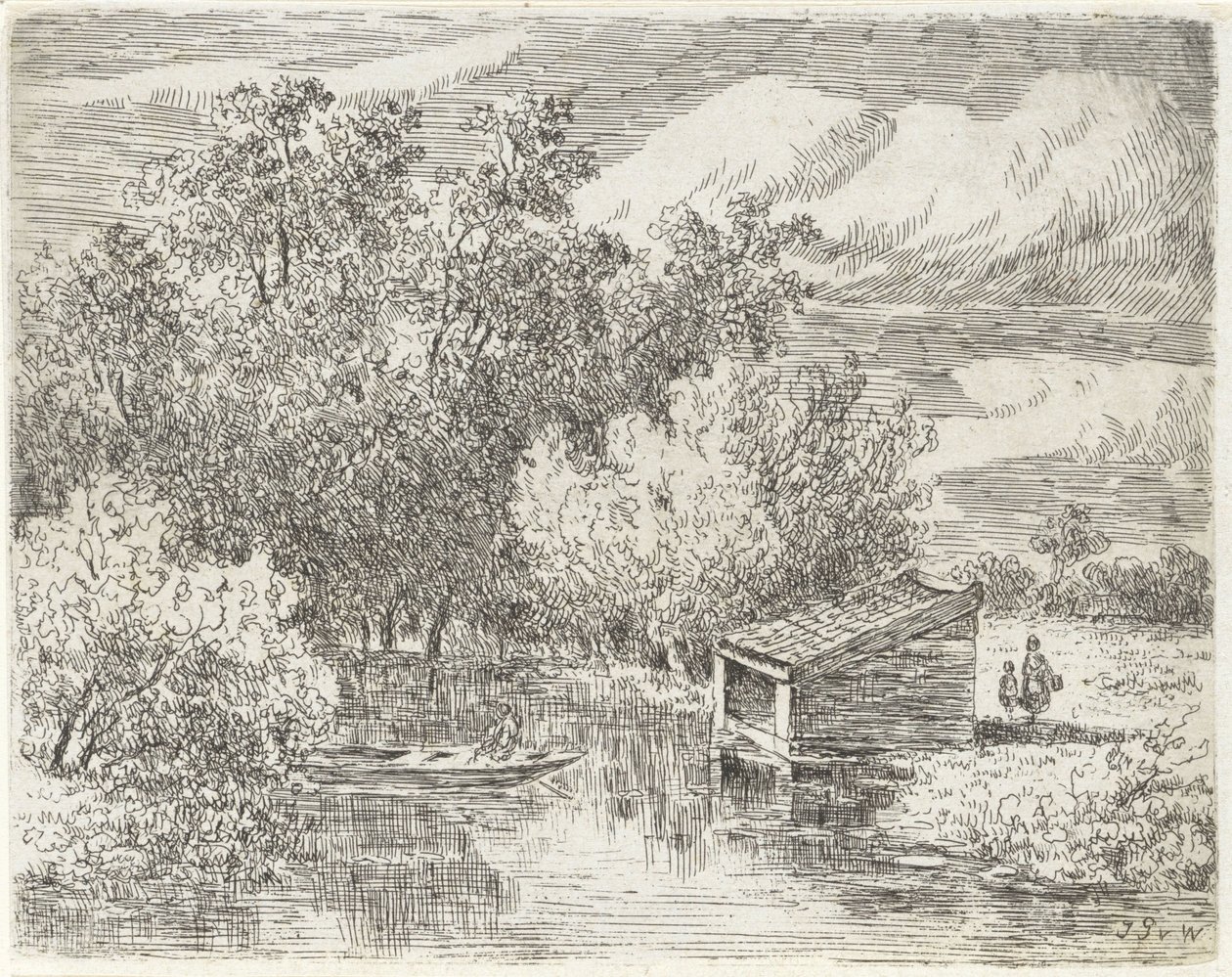Båthus vid en flod av Johannes Pieter van Wisselingh