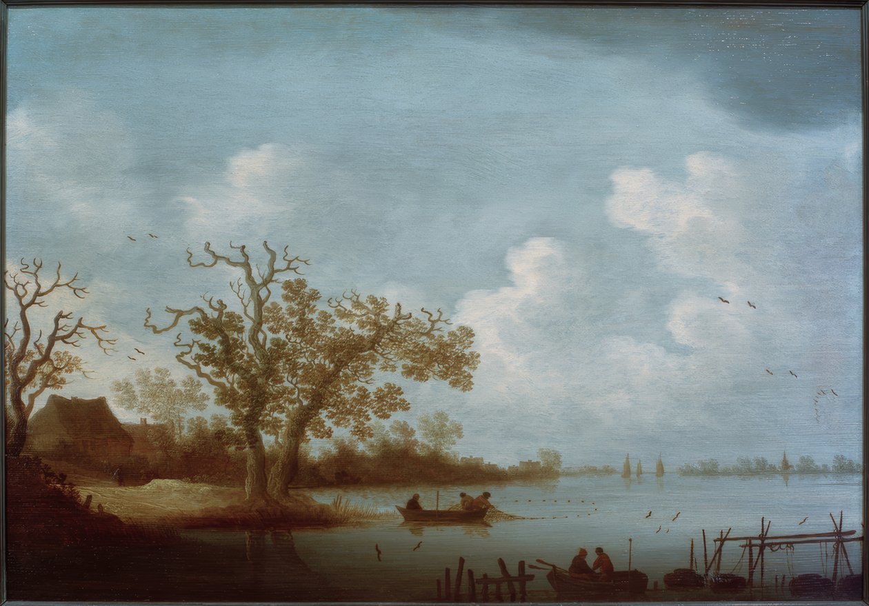Holländskt flodlandskap med bondgårdar och fiskebåtar av Johannes Pietersz. Schoeff