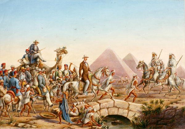 Prins Albert av Preussen med sitt följe på rundtur till pyramiderna i Giza (akvarell på papper) av Johannes Rabe