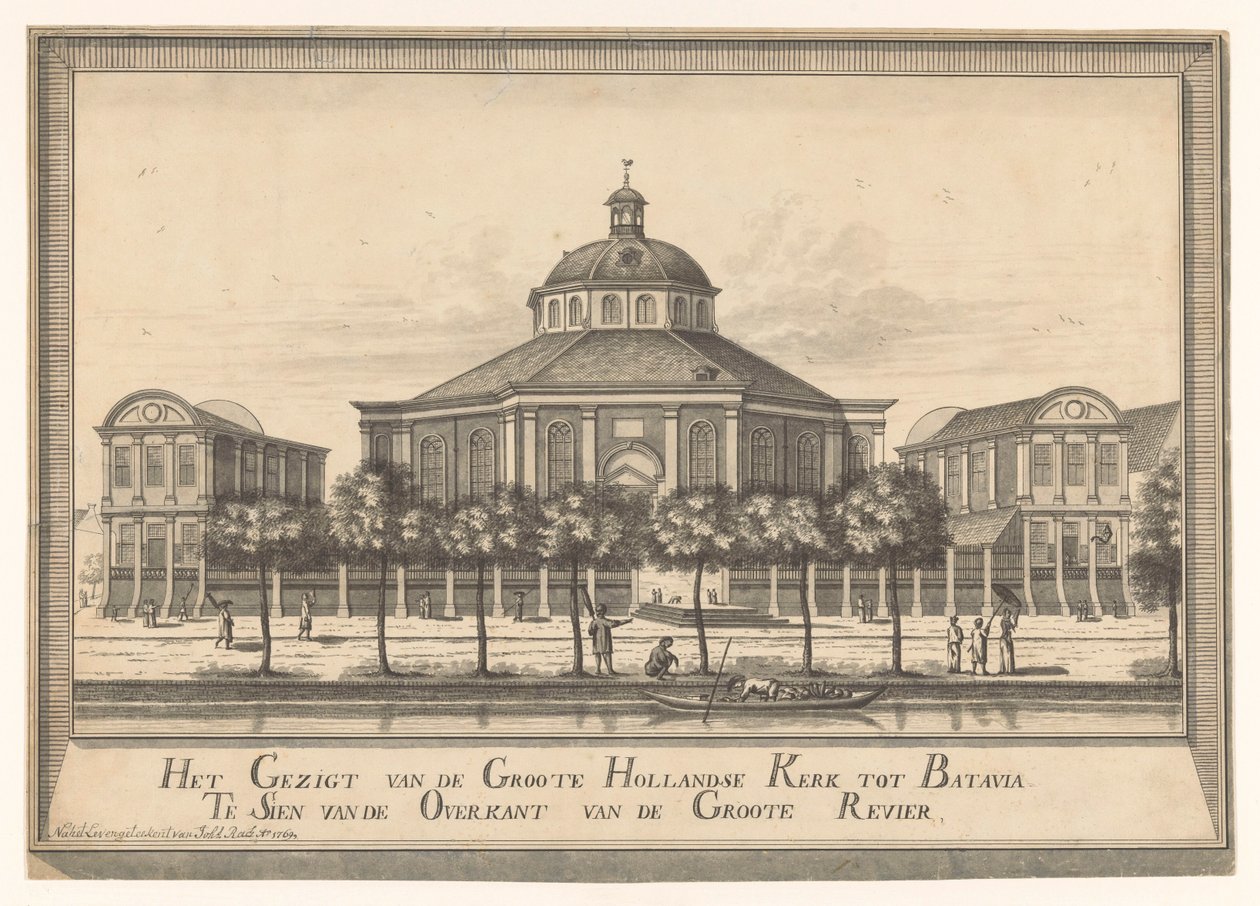 Utsikt över den nya holländska kyrkan i Batavia Utsikten från Groote Hollandse Kerk till Batavia Te Sien från andra sidan Groote Revier (titel på objekt) av Johannes Rach