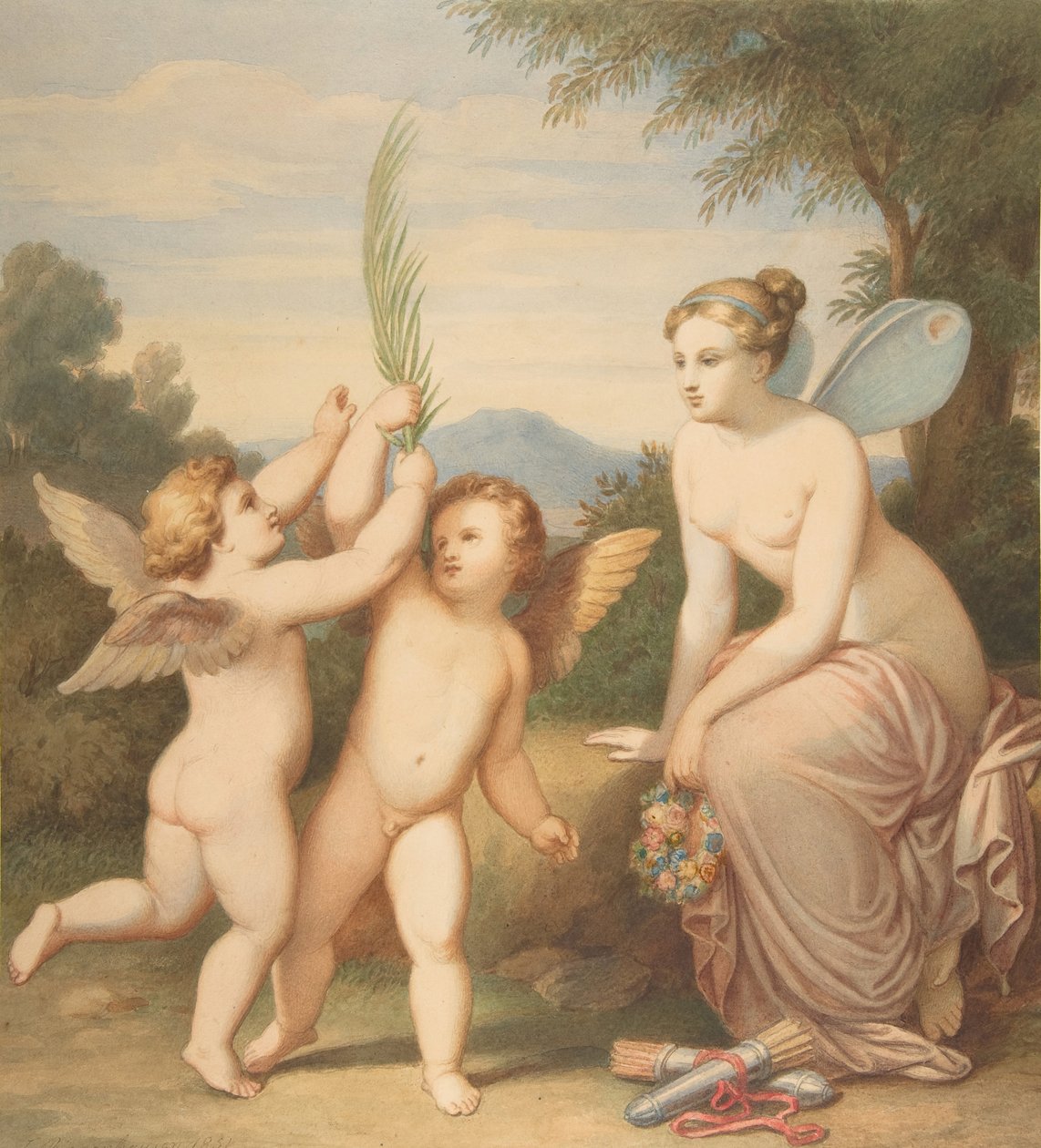 Eros och Anteros med psyke som tittar på dem, 1810-60. av Johannes Riepenhausen
