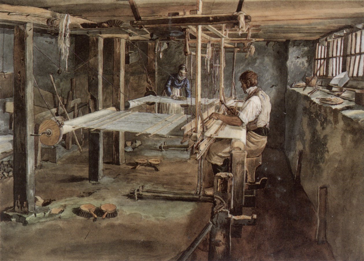 Appenzell vävarpar i arbete på handvävstolen, omkring 1830 av Johannes Schiess