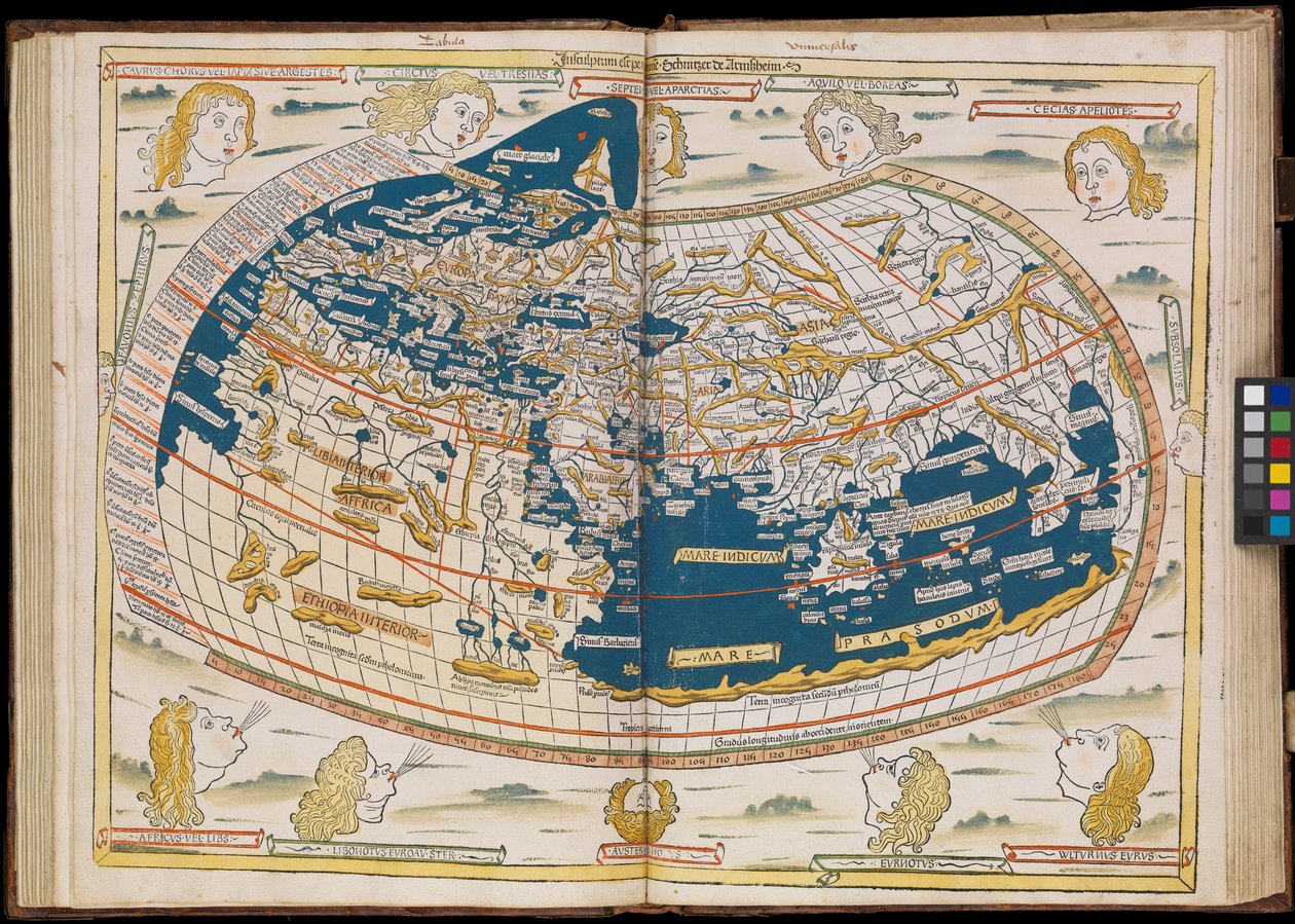 Den första utgåvan av Ptolemaios tryckt i Tyskland, och den första med träsnittskartor. Originalinbindning. av Johannes Schnitzer