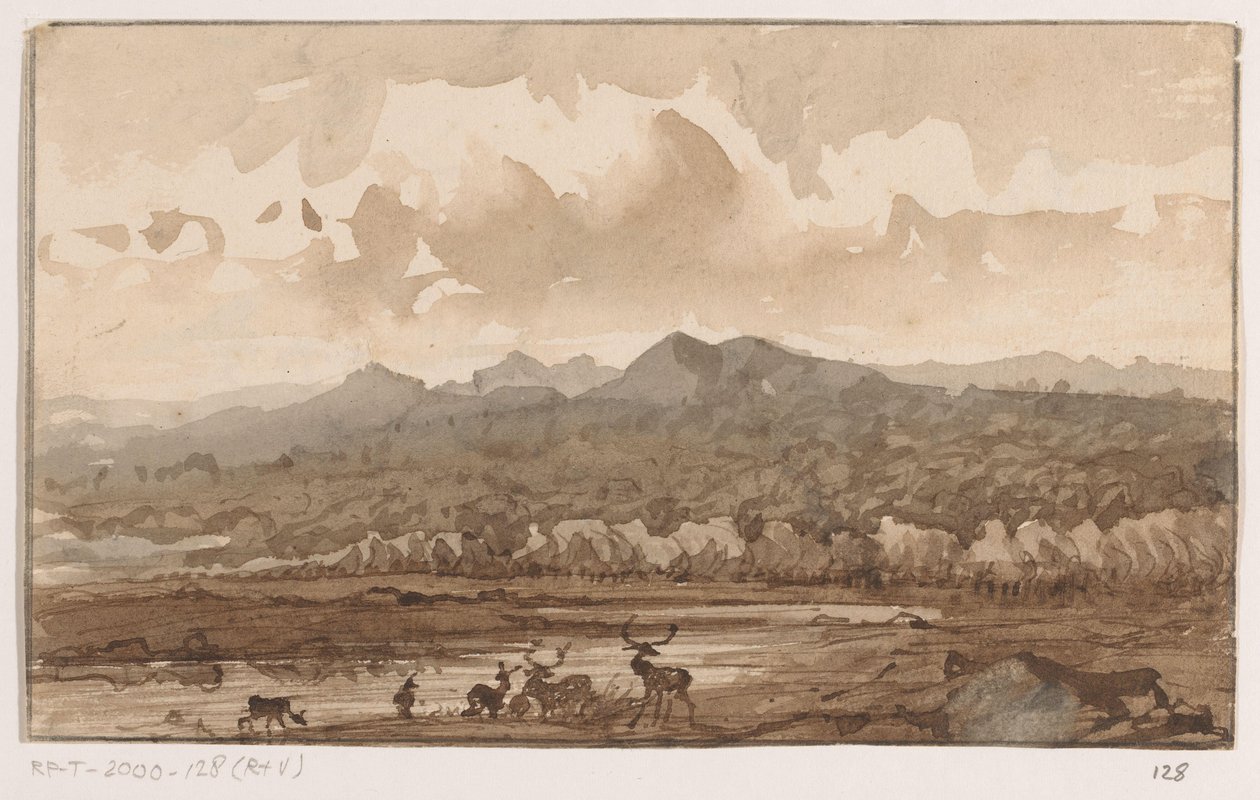Bergslandskap med rådjur av Johannes Tavenraat (signed by artist)