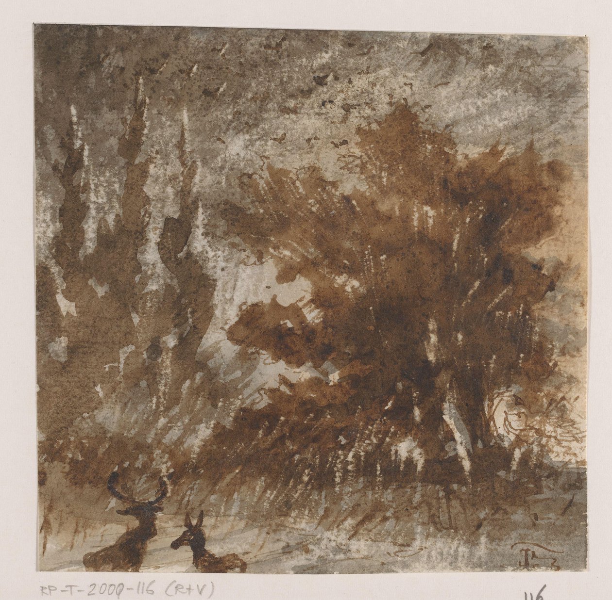 Rådjur och fåglar nära höga träd av Johannes Tavenraat (signed by artist)
