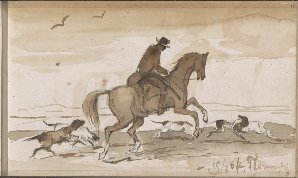 Landskap med en ryttare och springande hundar av Johannes Tavenraat
