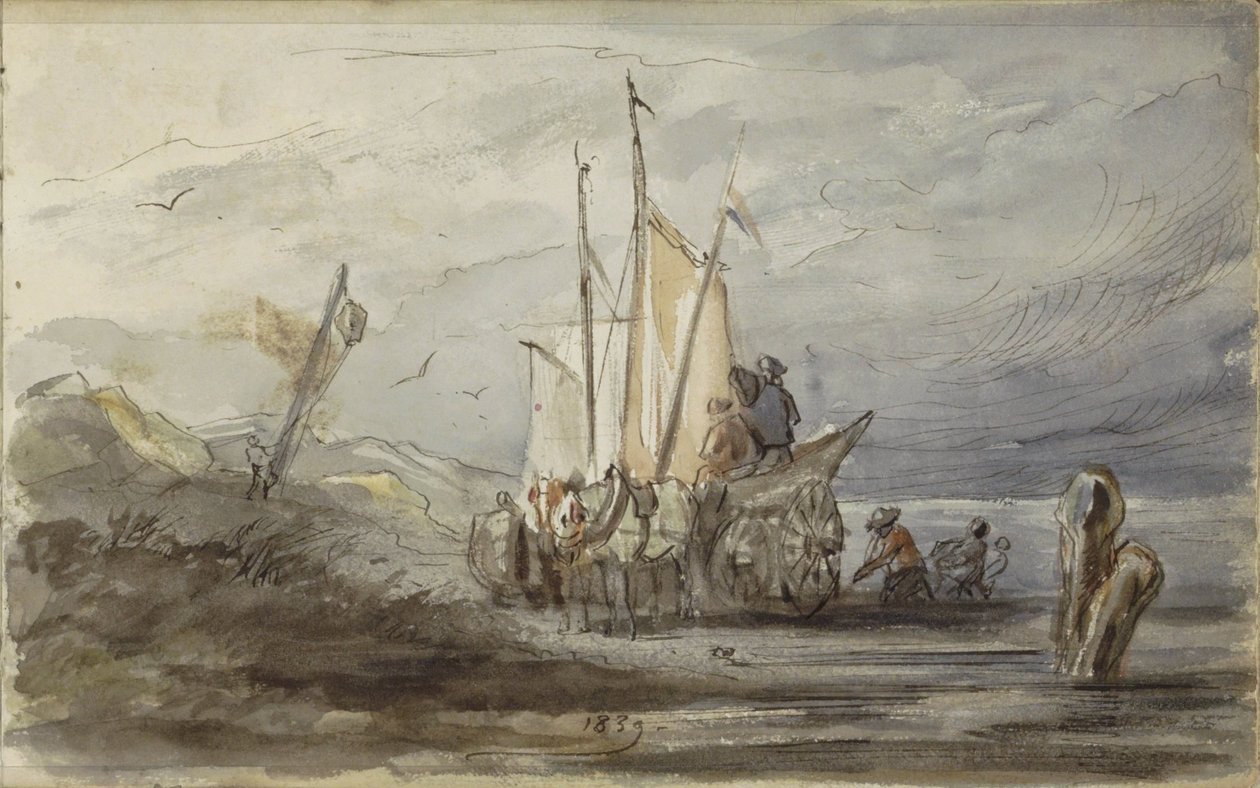 Häst och vagn på en bank nära ett segelfartyg av Johannes Tavenraat
