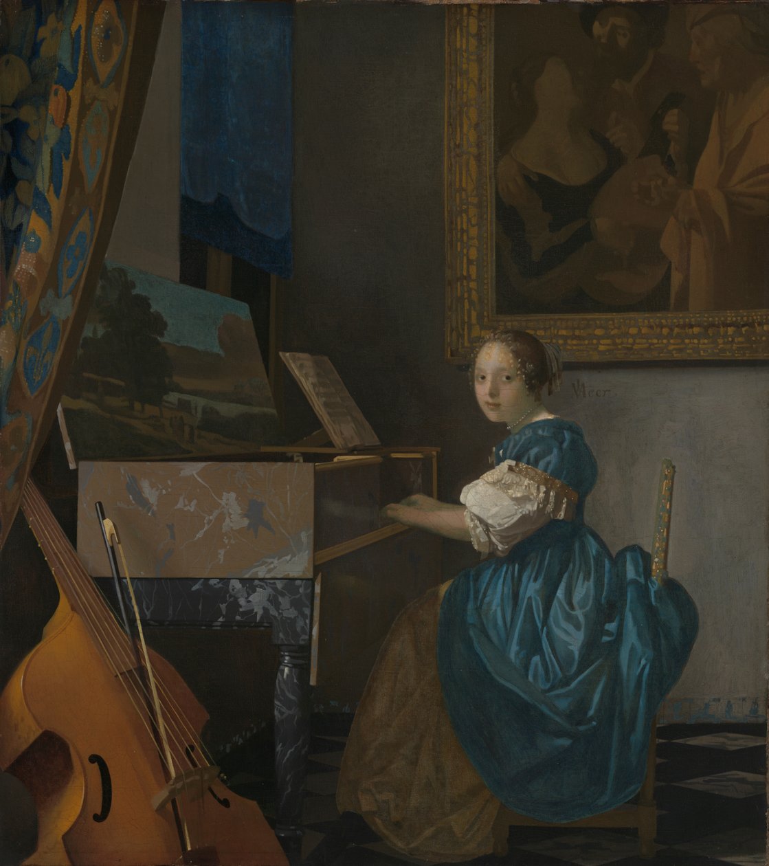 Eine junge Frau sitzt an einem Virginal av Johannes Vermeer
