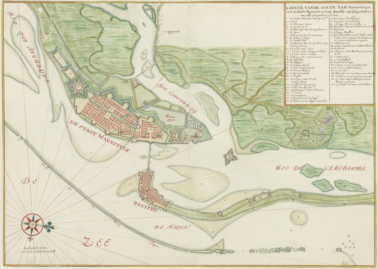Akvarellkarta över staden Recife (Brasilien) på 1600-talet av Johannes Vingboons