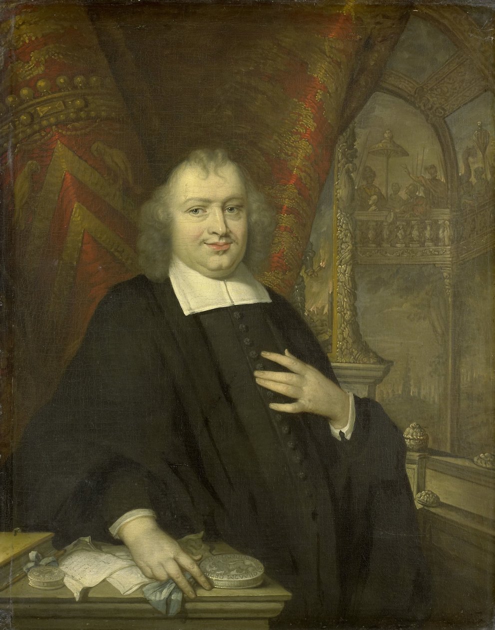 Porträtt av Gaspar Fagel, storpensionär av Holland efter 1672 i bakgrunden är möteshallen för Hollands stater på Binnenhof i Haag av Johannes Vollevens (I) (copy after)