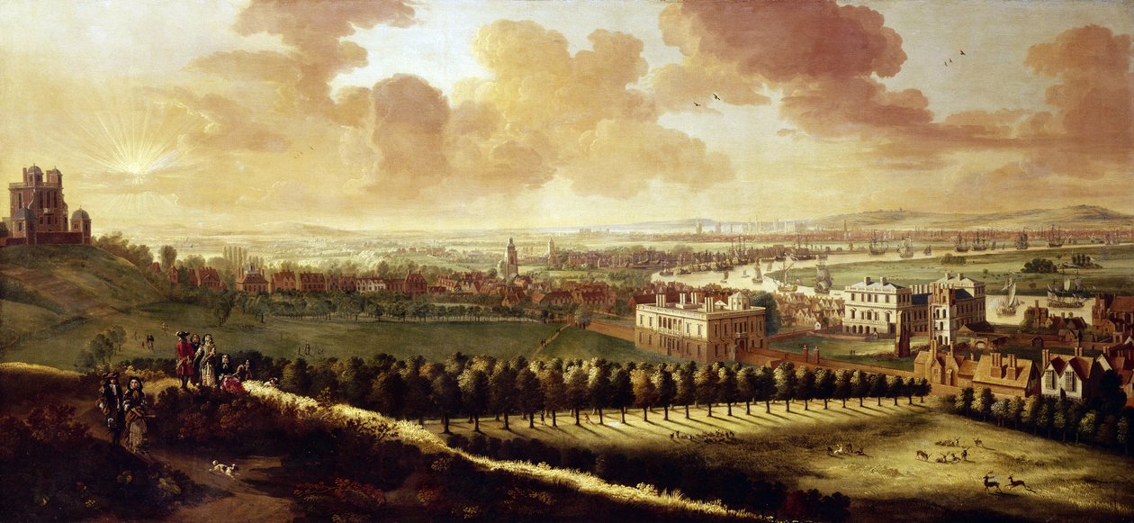 Vy över Greenwich och London (England), ca 1680, med det kungliga observatoriet till vänster, i mitten drottningens hus och hjortar som springer fritt i parken av Johannes Vorsterman