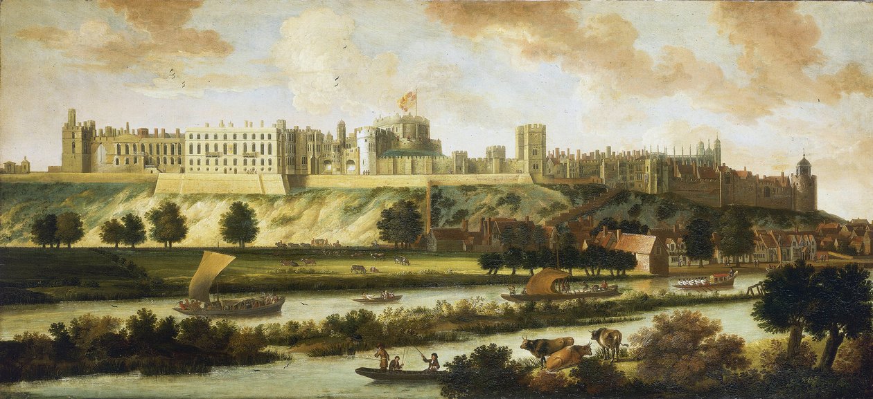 Vy över Windsor Castle, och hela panoramat som omger byggnaden, med beskrivning av parken och aktiviteter på floden, en mängd olika båtar, från fiskebåtar till kungliga skepp av Johannes Vorsterman