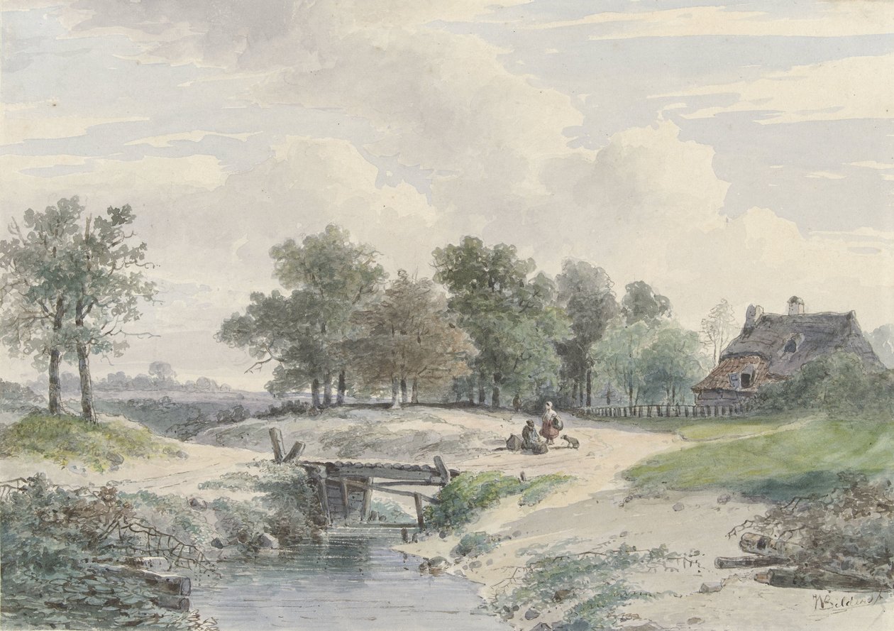 Landskap med bro och figurer framför en gård av Johannes Warnardus Bilders