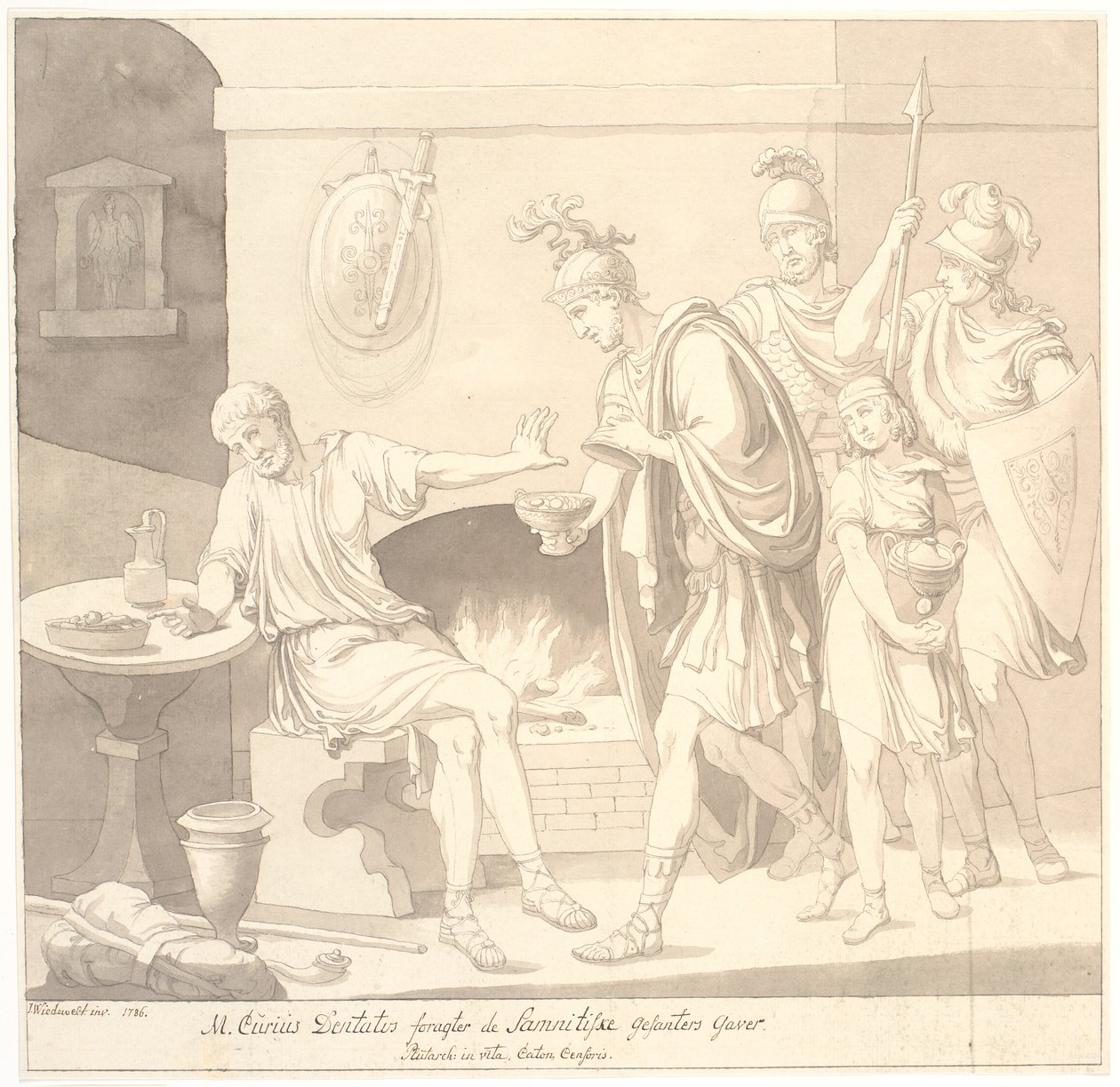 "M. Curius Dantatus foragter de Samnitiske Gesanters Gaver./ Plutach: in vita. Censor Cato." av Johannes Wiedewelt