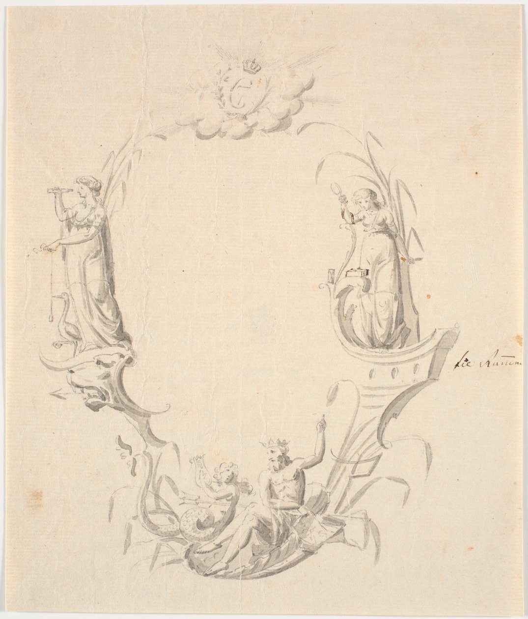 Utkast till titelvinjett till sjökort (med texten: Pass Kaart över Kattegattet, upplaga av Søkortarkivet 1799) av Johannes Wiedewelt