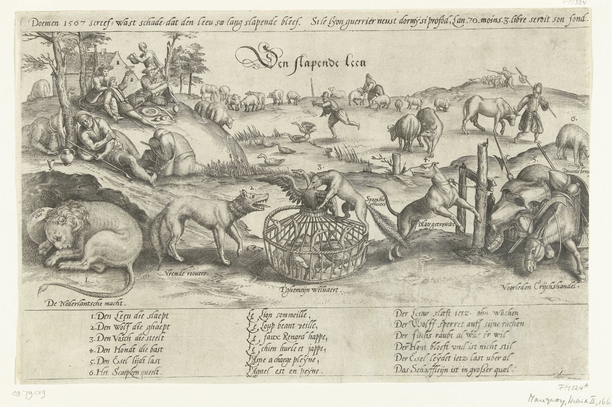 Det sovande lejonet, 1567 The Sleeping Lion (titel på objekt) Fyra allegorier över händelserna mellan 1576-1579 i Nederländerna (serietitel) av Johannes Wierix (attributed to)