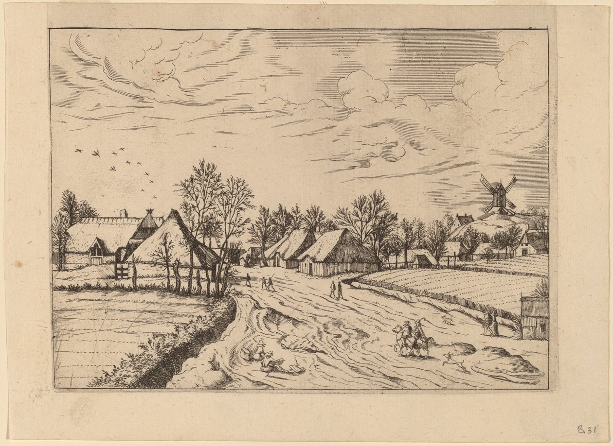 Country Village med Post Mill av Johannes and Lucas van Doetechum after Master of the Small Landscapes