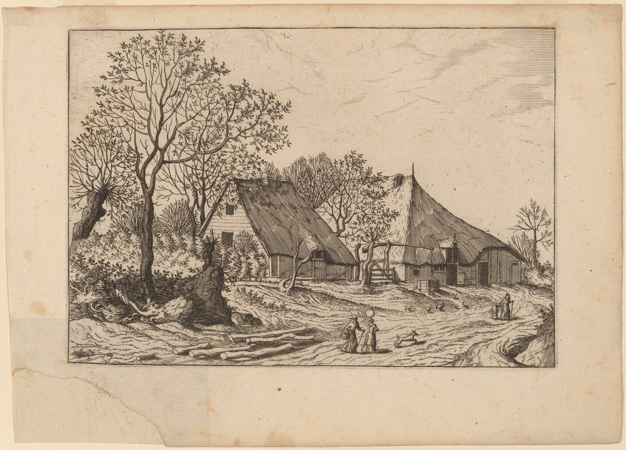 Gård med skjul och dragbrunn av Johannes and Lucas van Doetechum after Master of the Small Landscapes