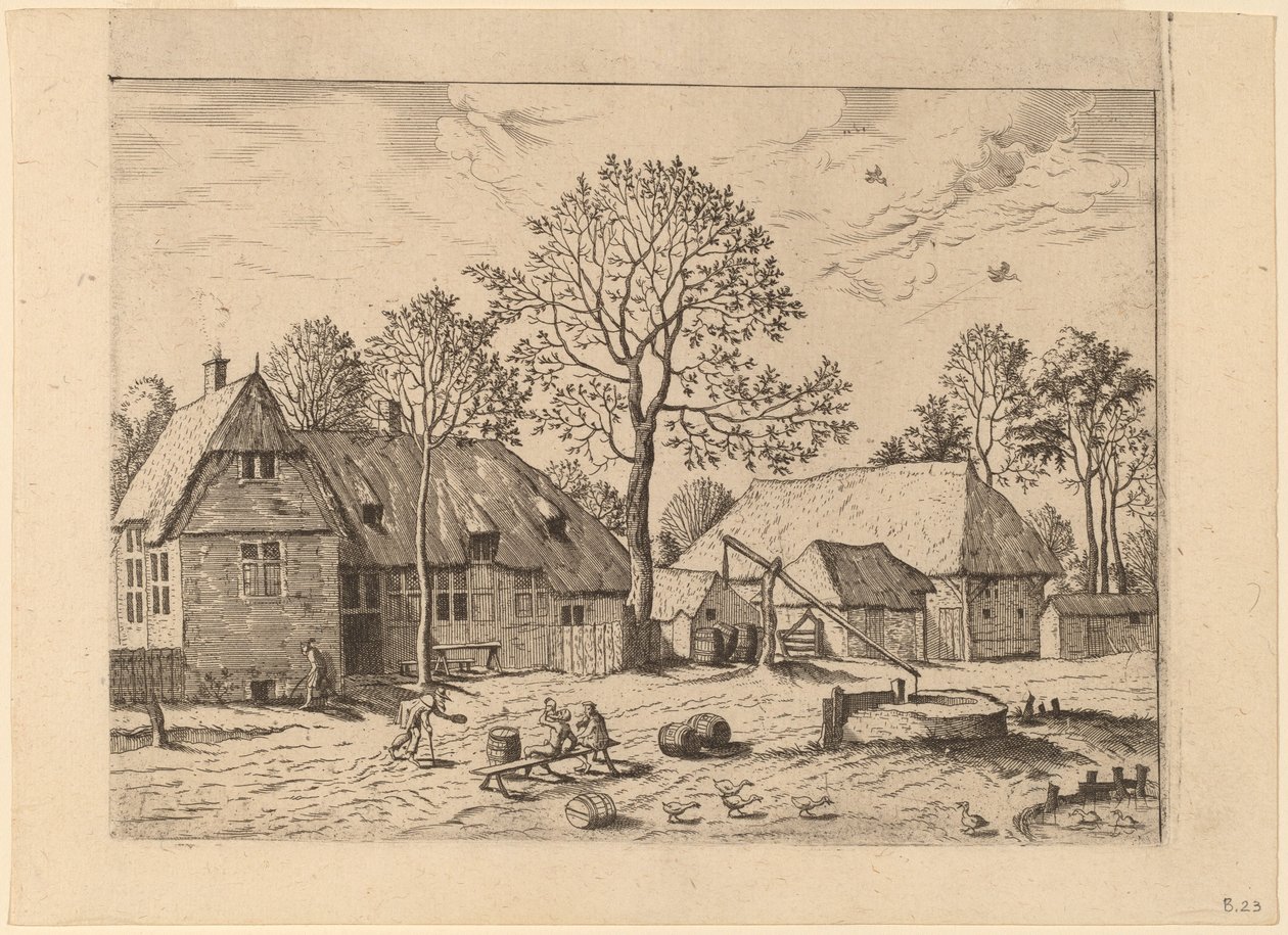 Gårdar med Draw Well av Johannes and Lucas van Doetechum after Master of the Small Landscapes