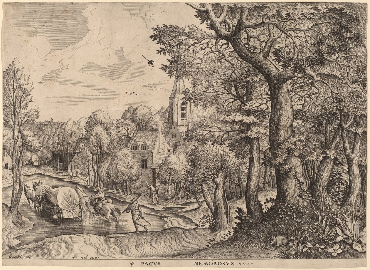 Pagus Nemorosus (skogsbevuxen by) av Johannes and Lucas van Doetechum after Pieter Bruegel the Elder