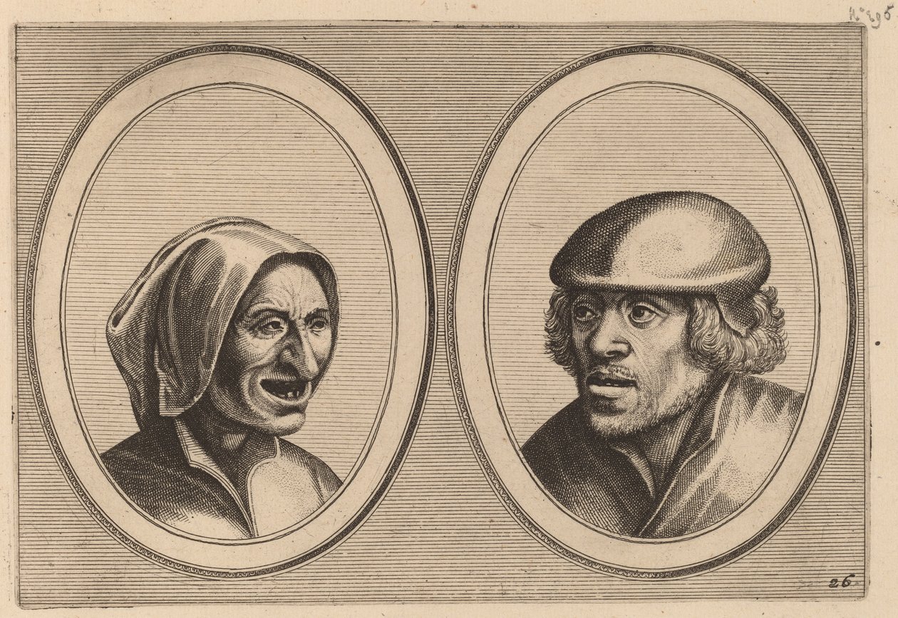 "Woman Verneem-al" och "Hans de Pluym-strijcker" av Johannes and Lucas van Doetechum after Pieter Bruegel the Elder