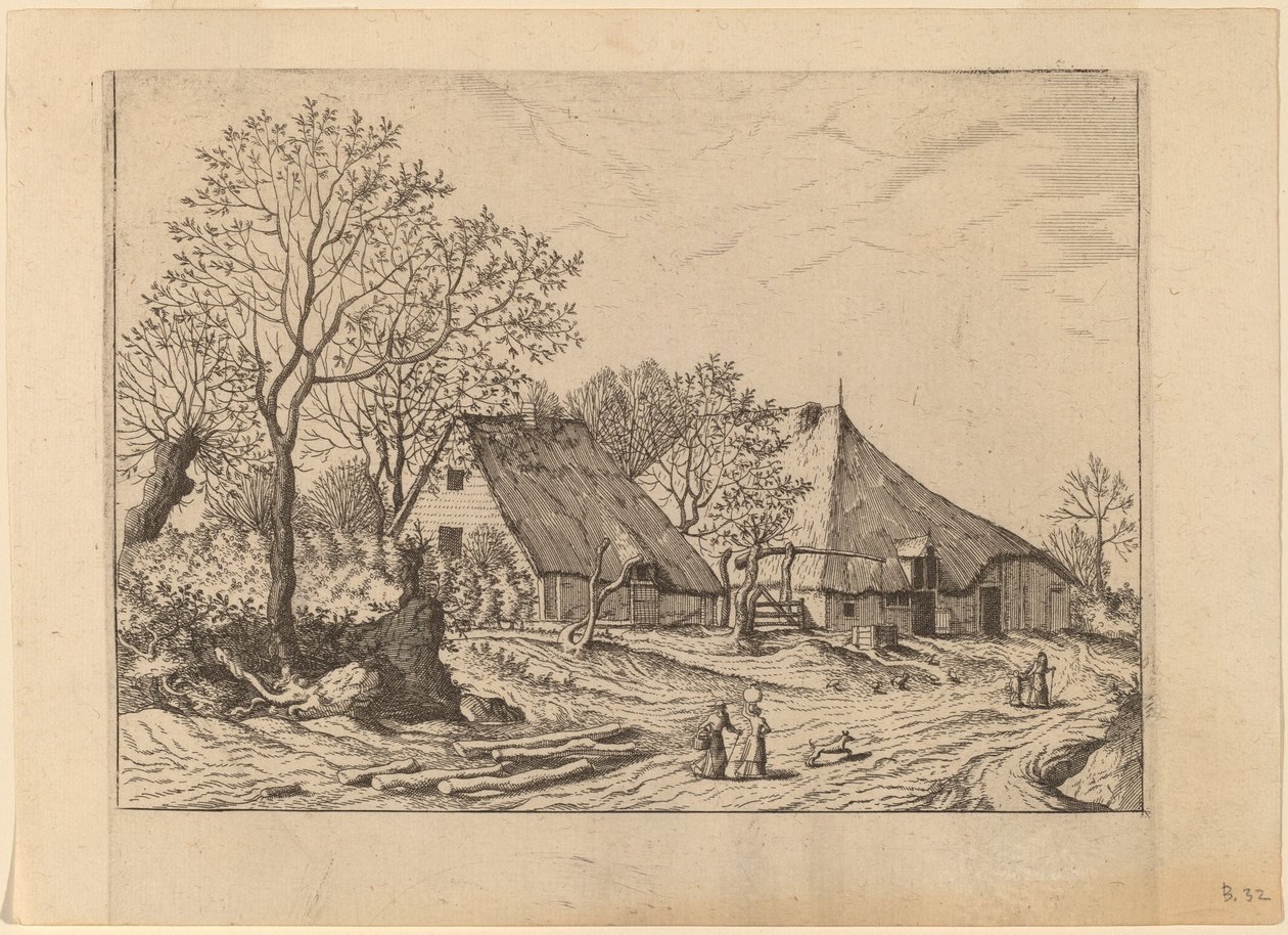 Gård med skjul och dragbrunn av Johannes and Lucas van Doetechum after the Master of the Small Landscapes
