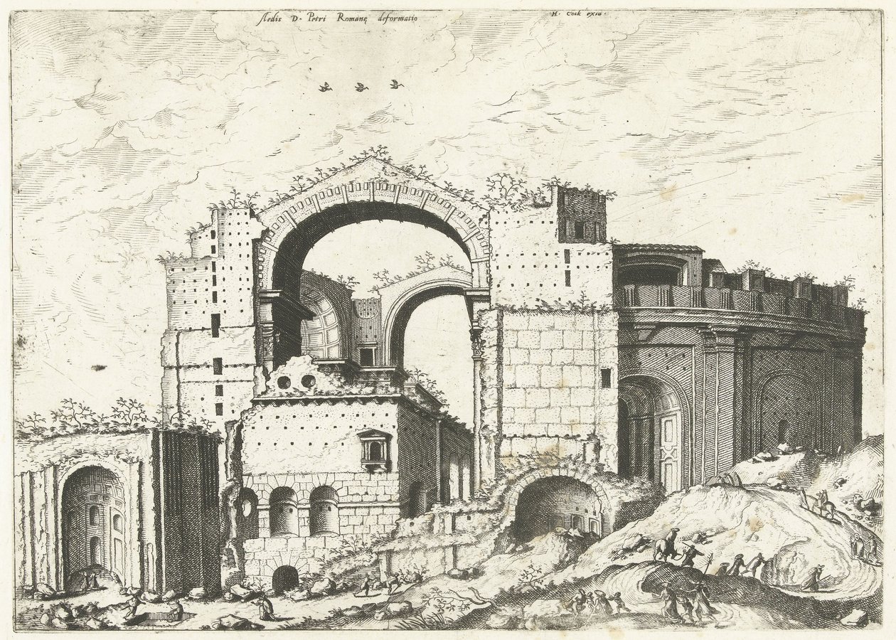 Gezicht op de Sint Pieter i Rom Deformation av Aedis D. Peter Romana (titel på objekt) Romerska ruiner, 1561 (serietitel) av Johannes of Lucas van Doetechum (attributed to)