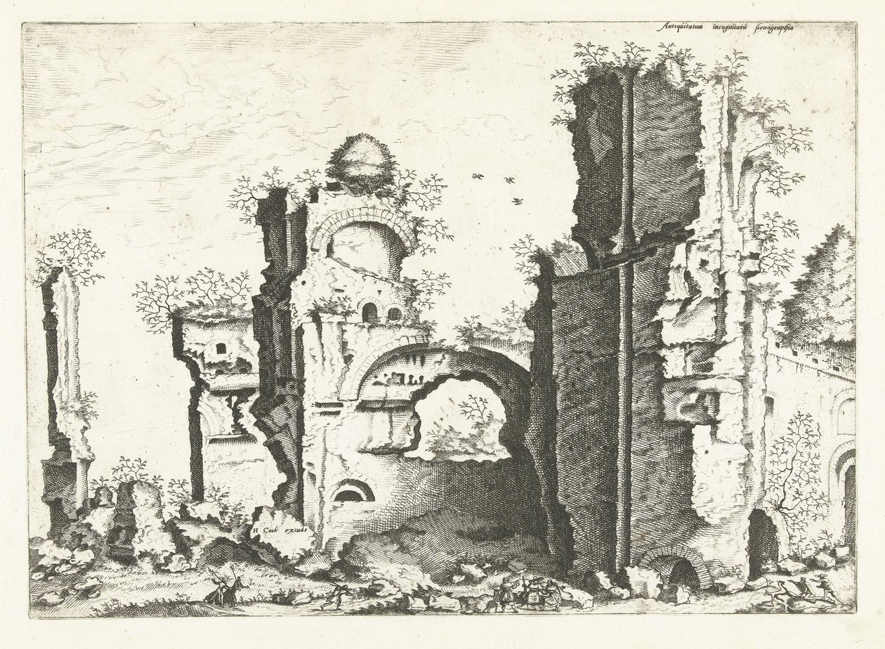 Utsikt över ruiner, möjligen Caracalla-baden Romerska ruiner, 1561 (serietitel) av Johannes of Lucas van Doetechum (attributed to)