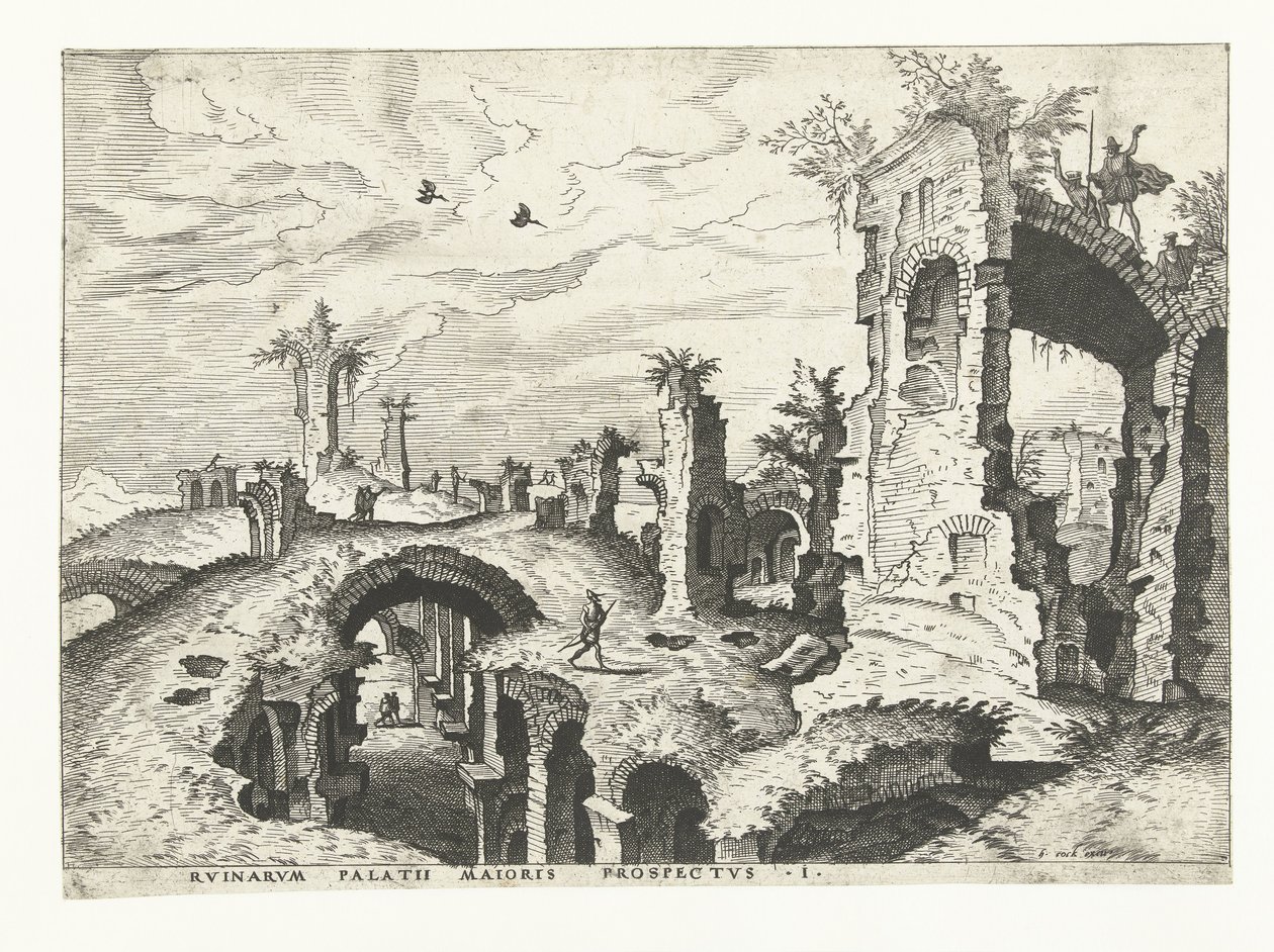 Vy över ruiner på Palatine Hill i Rom Romerska ruiner, 1561 (serietitel) av Johannes of Lucas van Doetechum (attributed to)