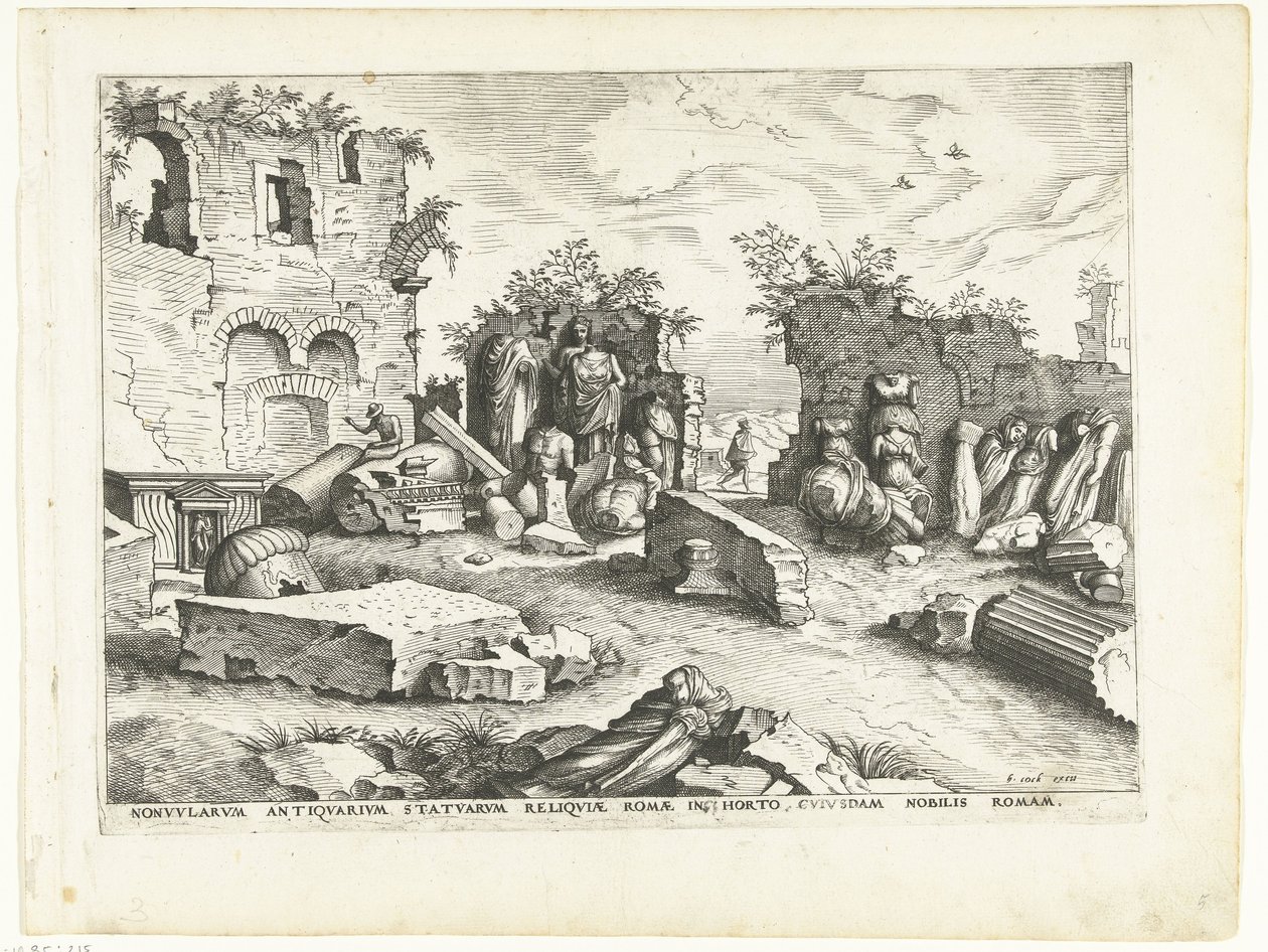 Trädgård med fragment av antika statyer Romerska ruiner, 1561 (serietitel) av Johannes of Lucas van Doetechum (attributed to)