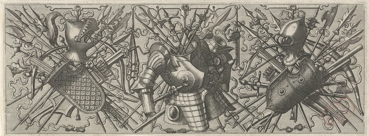 Frisisk med hjälm, en sköld och korsade stickvapen och korsbågar Panoplia Sev Armamentarium ... (serietitel) av Johannes of Lucas van Doetechum