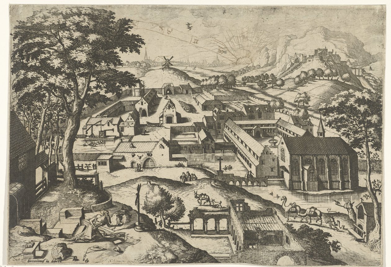 Landskap med Saint Jerome hieronimus in deserto (titel på objekt) Landskap med kristna berättelser (serietitel) av Johannes of Lucas van Doetechum
