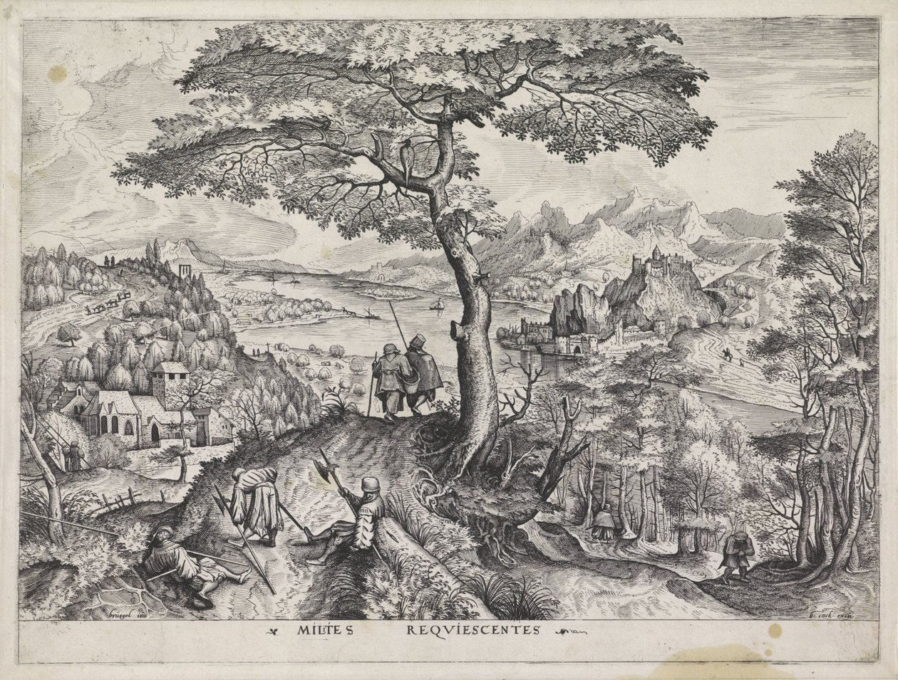 Landskap med vilande soldater Milites Requiescentes (titel på objekt) Stora landskap (serietitel) av Johannes of Lucas van Doetechum
