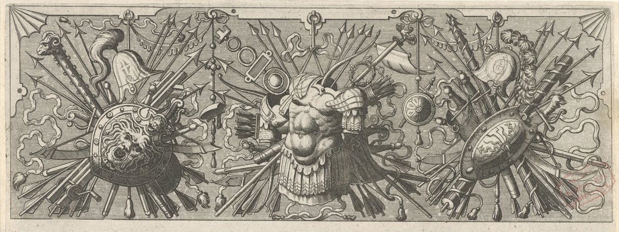 panopli. Fris med romerska vapen, överdel Panoplia sev armamentarium... (serietitel) av Johannes of Lucas van Doetechum