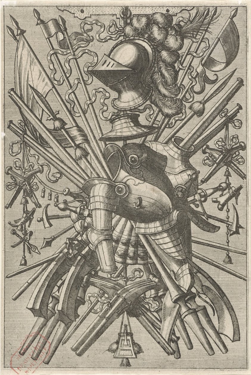Ytdekoration, bestående av en vapentrofé Ytdekorationer och friser med troféer (serietitel) av Johannes of Lucas van Doetechum