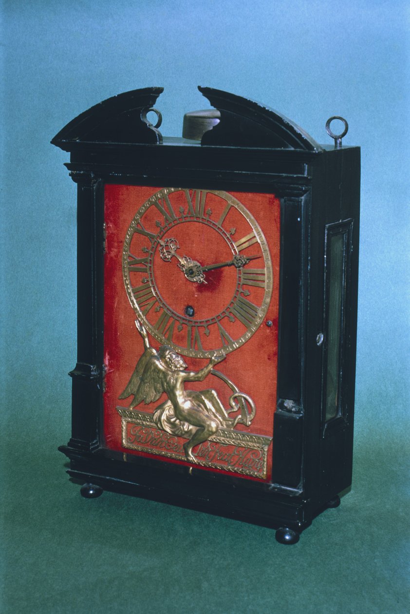 Tidig viktdriven pendelklocka, möjligen designad av Christian Huygens (1629-95) c.1675 (trä) av Johannes van Ceulen