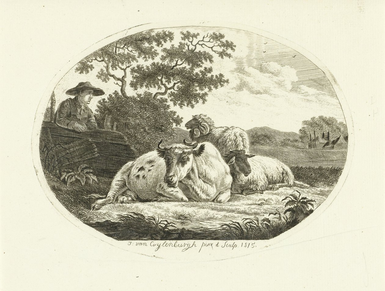 Ko, får och bagge på ängen och bonde lutad på staket av Johannes van Cuylenburgh