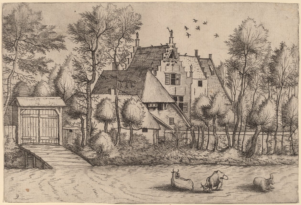 Hus på landet med dike av Johannes van Doetechum, the Elder and Lucas