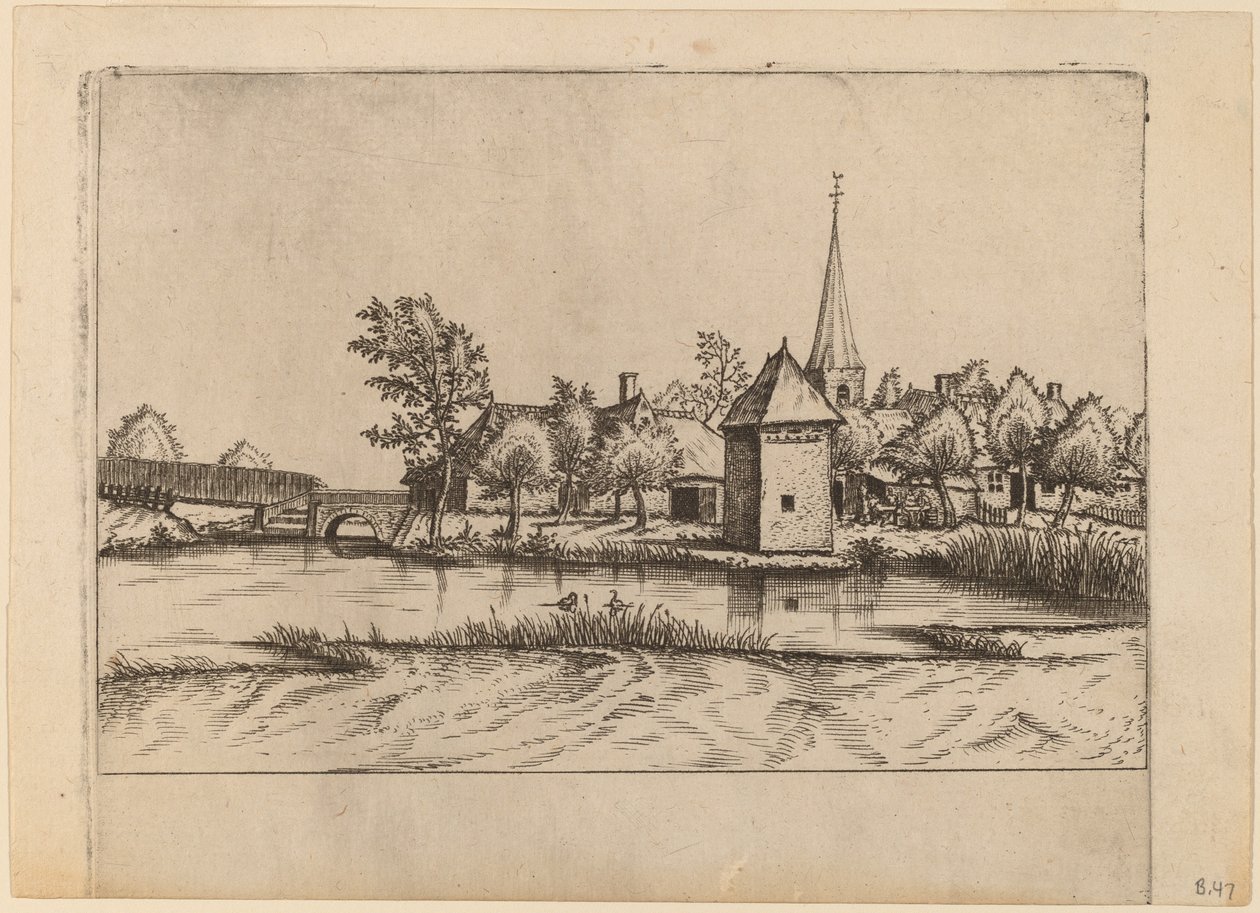 Landsby med kyrka och bro av Johannes van Doetechum, the Elder and Lucas