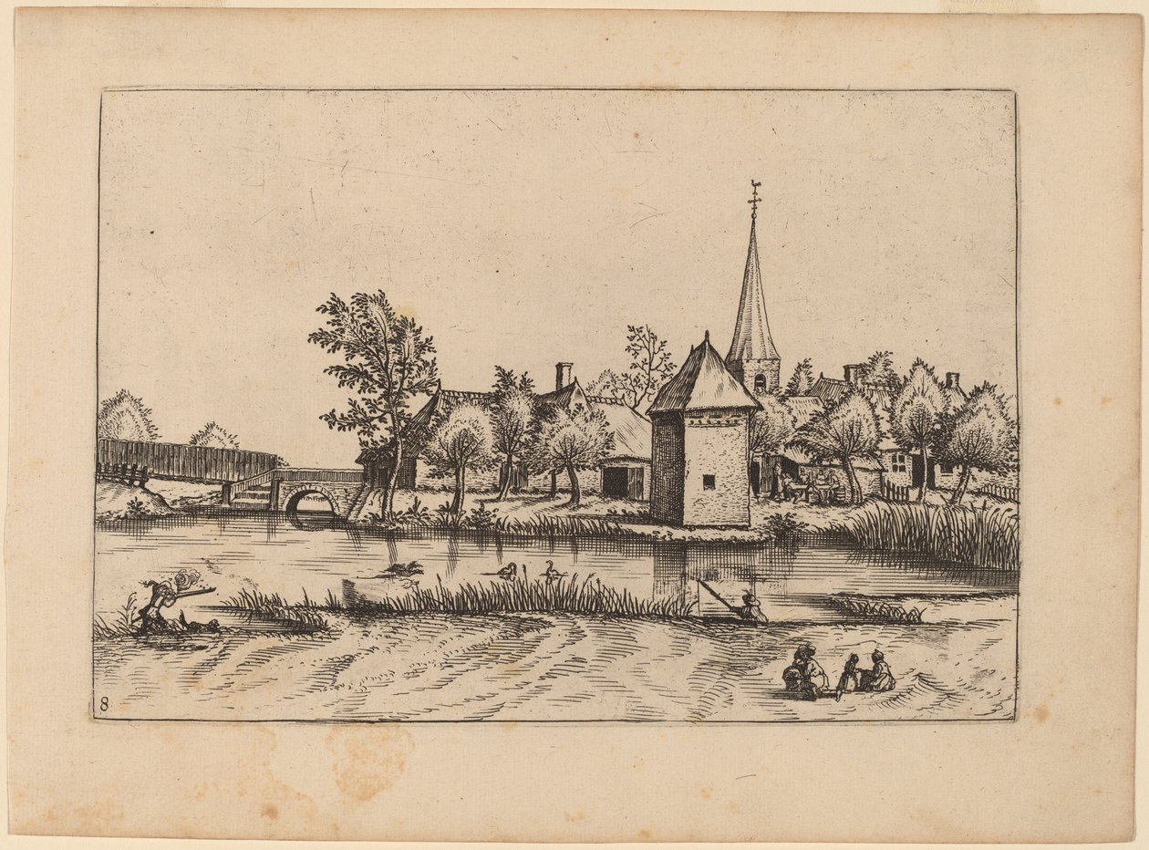 Landsby med kyrka och bro av Johannes van Doetechum, the Elder and Lucas