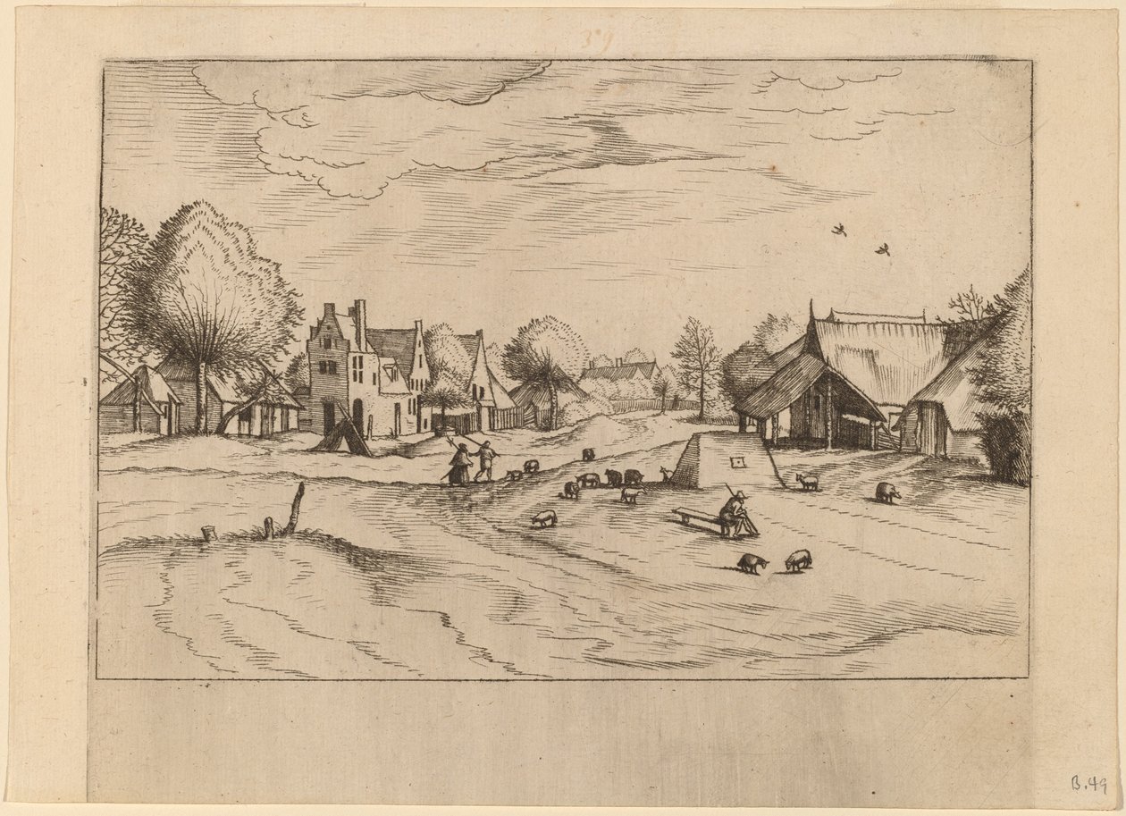 Landsby med får och sittande herde av Johannes van Doetechum, the Elder and Lucas
