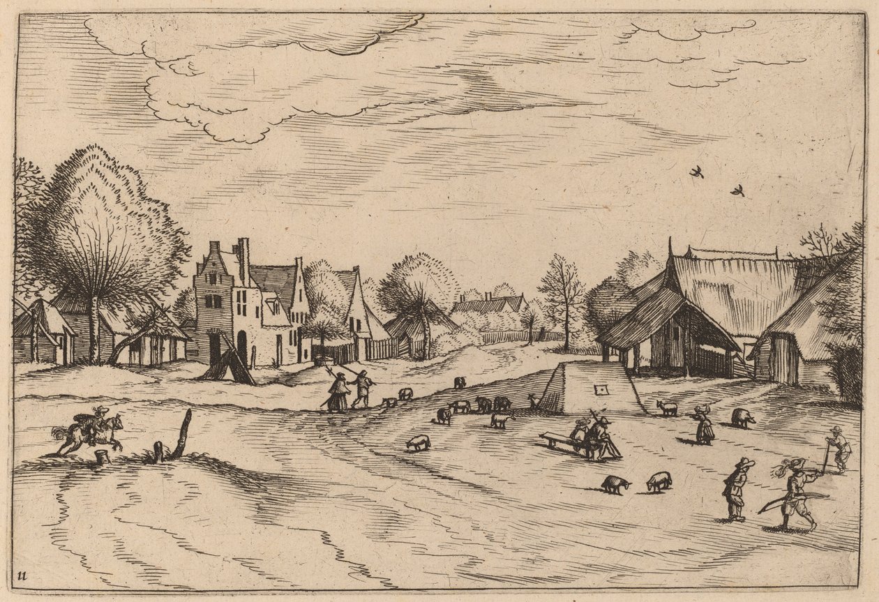 Landsby med får och sittande herde av Johannes van Doetechum, the Elder and Lucas
