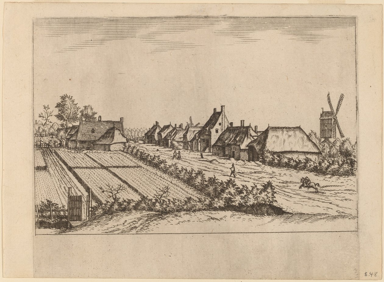 Åkrar och en byväg med postkvarn av Johannes van Doetechum, the Elder and Lucas