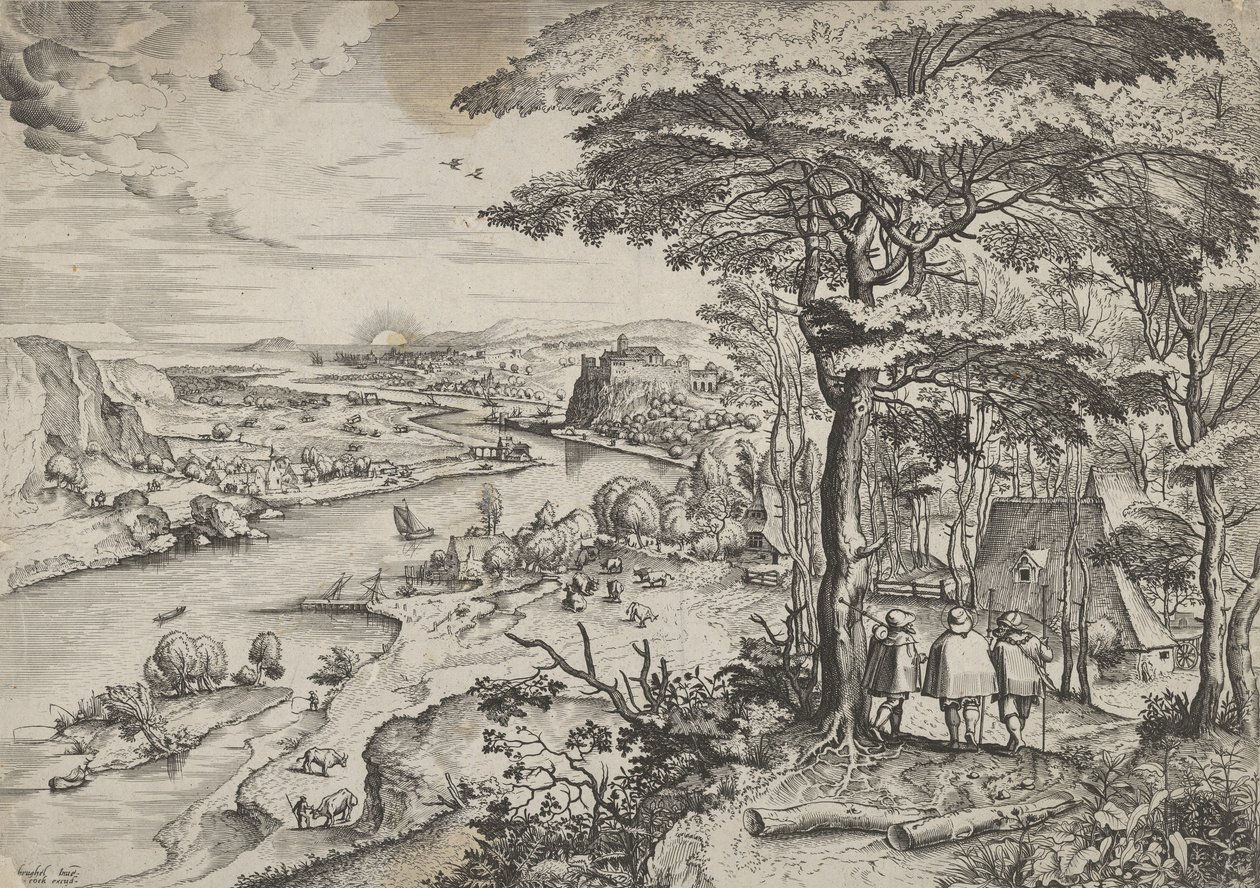 Åker till Emmauslandskap med pilgrimer i Emmaus, ca. 1555-56. Skapare: Johannes van Doetecum I, Lucas van Doetecum. av Johannes and Lucas van Doetecum