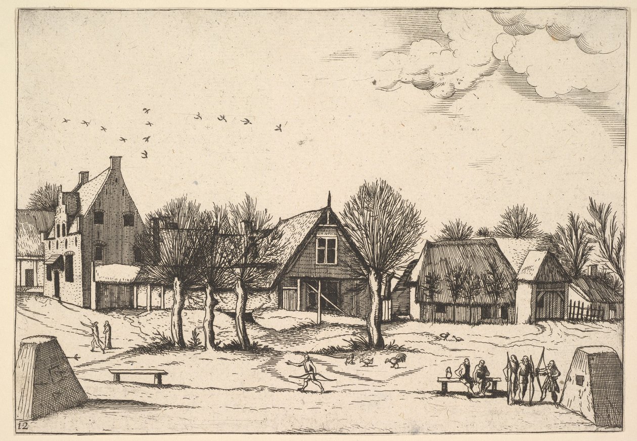 Country Village, bågskyttar i förgrunden från Multifariarum casularum ruriumque linea..., 1559-61. av Johannes van Doetecum I