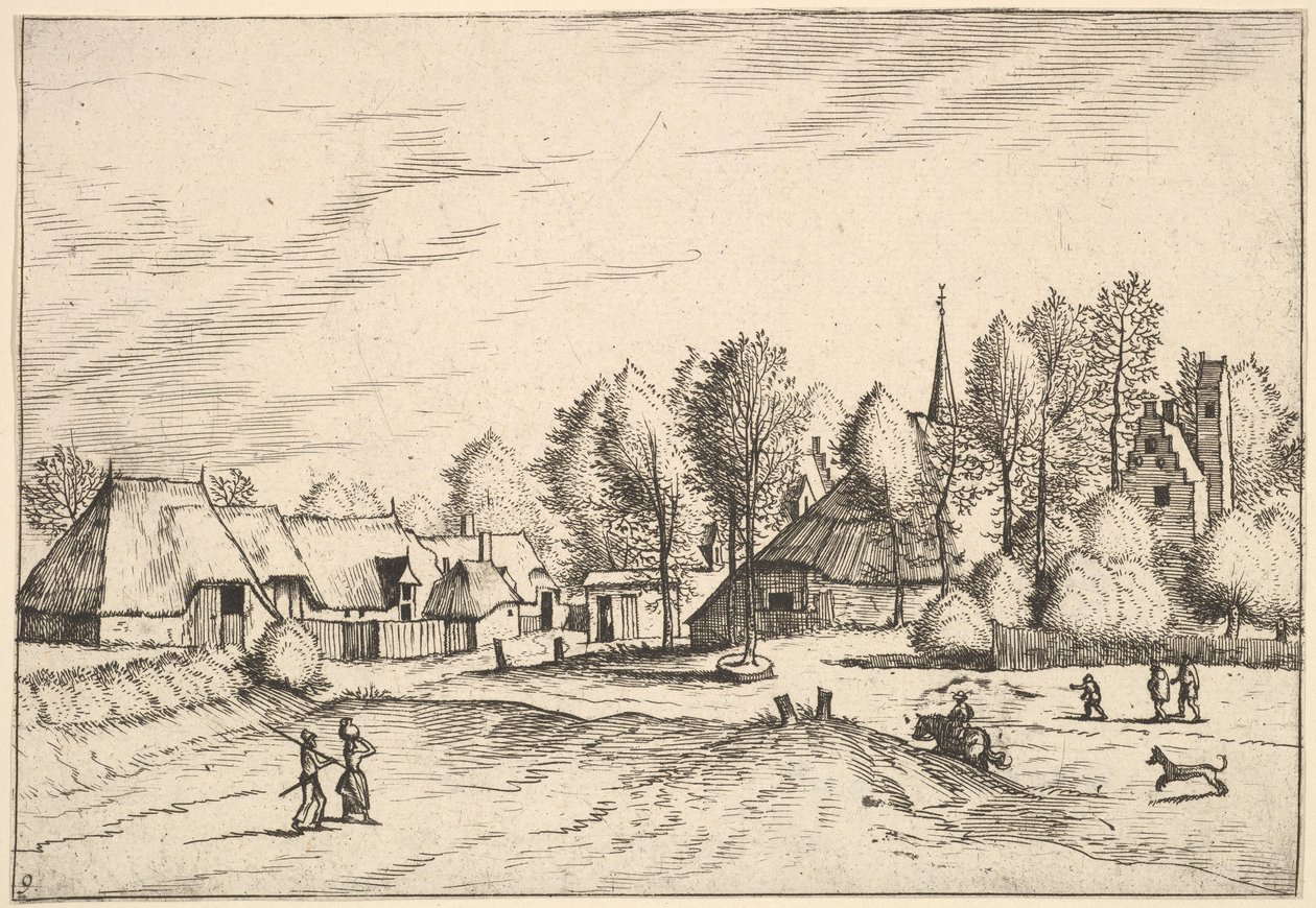 Landsby med kyrktorn från Multifariarum casularum landsbygden har cur..., 1559-61 av Johannes van Doetecum I