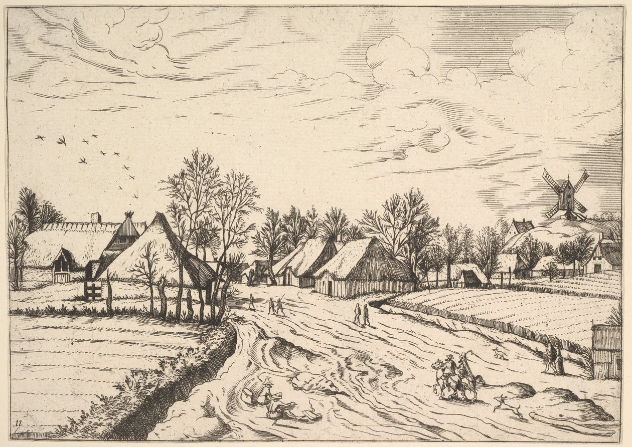 Landsby med postkvarn från Multifariarum casularum curios funktioner..., 1559-61 av Johannes van Doetecum I