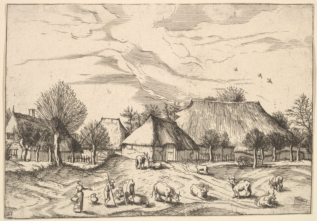 Gårdar, boskap med herdar och mjölkpigor i förgrunden från Multifariarum casularu..., 1559-61. av Johannes van Doetecum I