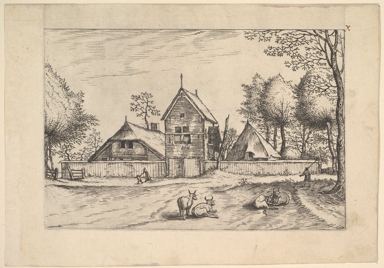 Gård, kor och herde i förgrunden från Praediorum villarum et rusticar..., ca. 1559-61. av Johannes van Doetecum I